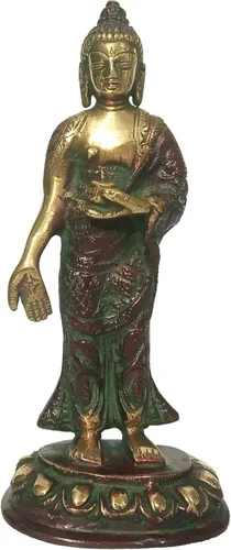 Vista 8 de Purpledip Latón Ídolo Reina Maya de Sakya, Madre de Gautam Buda: Estatua Vintage Acabado Oro (12155)