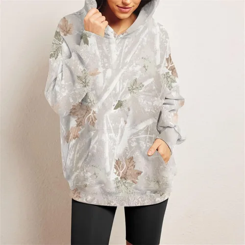 Vista 5 de GEILLGI Sudaderas con capucha de camuflaje para mujer, estampado de hojas de arce, sudadera de manga larga de gran tamaño con bolsillo, suéter