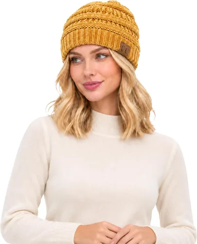 Vista 24 de C.C Exclusives Gorro de Punto de Cable - Gorros Gruesos, Suaves y Cálidos de Punto Grueso Chenille Teniente Mel Gris