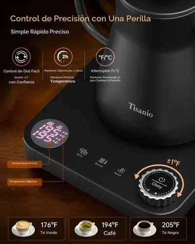 Vista 4 de Hervidor eléctrico de cuello de cisne para verter sobre café, control de precisión de ±1 °F, calefacción inteligente de dos etapas, 2 horas de Negro