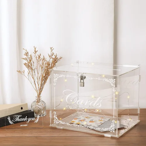 Vista 8 de Ywlake Caja de tarjetas de boda de acrílico con cerradura y ranura, soporte para caja de regalo para dinero en efectivo, cajas transparentes