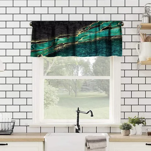 Vista 2 de Cortina de cenefa de mármol verde con venas doradas de mármol negro, diseño abstracto de lujo, elegante cenefa con bolsillo para barra, 1 panel