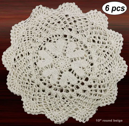 Vista 2 de Creative Linens Juego de 6 piezas redondas de encaje de ganchillo de algodón hechas a mano de 10 pulgadas con corazones beige, juego de 6 piezas