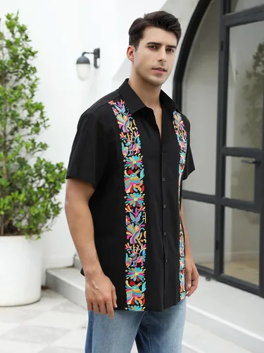 Vista 6 de Camisas mexicanas para hombre, camisa de manga corta bordada con botones y cuello de guayabera tradicional Alebriges Negro