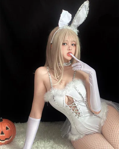 Vista 4 de Mobbunny Body de cosplay de conejito de novia de Halloween con guantes, diadema y gargantilla de conejito