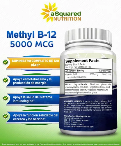 Vista 6 de Vitamina B12 - Suplemento de 5000 MCG con metilcobalamina (metil B-12) - 120