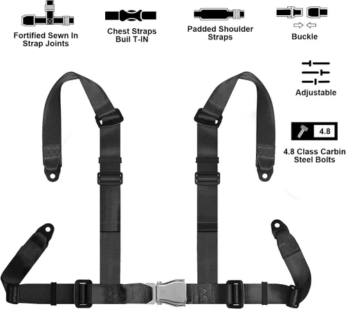 Vista 3 de Yakitoko Universal Set de arnés de seguridad de 4 puntos 2" Negro, se adapta a Go Kart, UTV, ATV, carreras