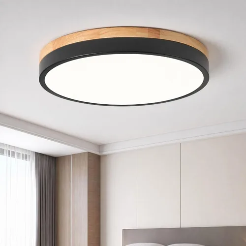Vista 12 de Moderna lámpara de techo de madera regulable, lámpara de techo redonda negra LED empotrada, lámpara de techo minimalista para cocina, dormitorio