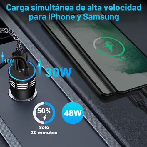 Vista 2 de Adaptador rápido estupendo del coche de Android del cargador USB C del coche de 48W con 30W