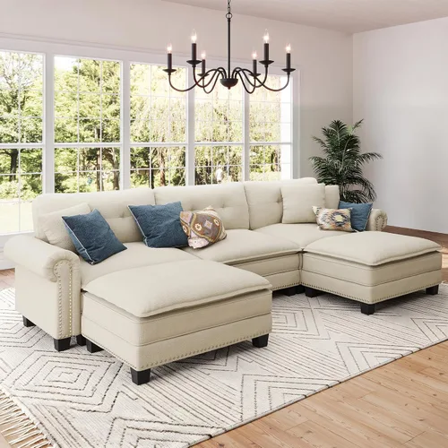 Vista 22 de Sofá modular de gran tamaño de 116 pulgadas en forma de L Azul polvoriento