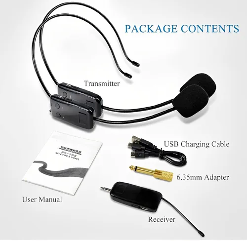 Vista 6 de Sistema de micrófono inalámbrico 2.4G para dos personas, alcance de 165 pies, transmisión estable, micrófono de auriculares portátil