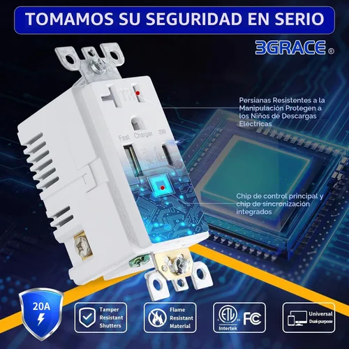 Vista 3 de 3GRACE Toma de corriente USB de pared, receptáculos de tomas de cargador con puertos USB C de 4.2 A, enchufe dúplex de 20 amperios resistente a