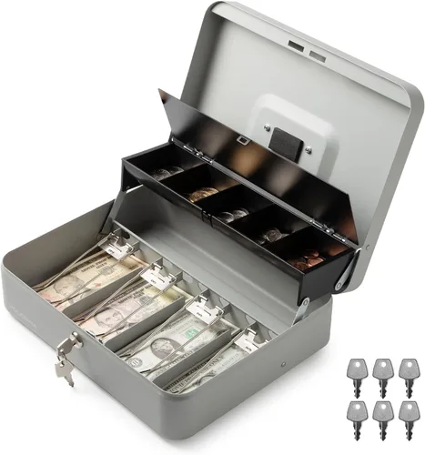 Vista 9 de Volcora Caja Grande de Dinero con Cerradura de Llave, Caja de Dinero de Metal para Efectivo, Caja de Seguridad con Cerradura Portátil y Bandeja