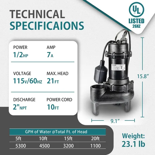 Vista 6 de WASSERMANN Bomba de aguas residuales de 1/2 HP con interruptor flotador automático, bomba sumergible de hierro fundido de 115V 5300 GPH, bomba