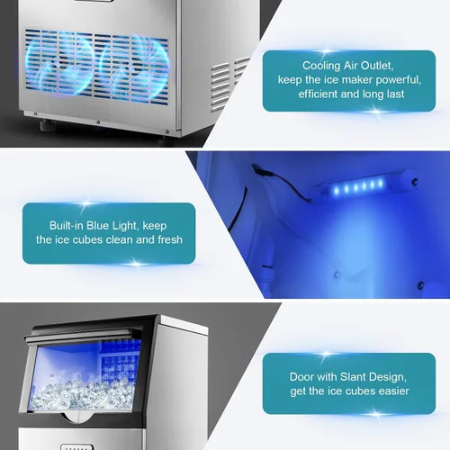 Vista 9 de Amzgachfktch Máquina de hielo comercial de 100 libras/24 horas, máquina de hielo autolimpiante, pantalla LED, luz azul, debajo