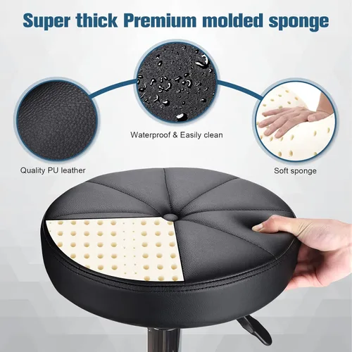 Vista 7 de HMTOT Taburete redondo con ruedas Silla giratoria ajustable de altura para spa salón masaje negro