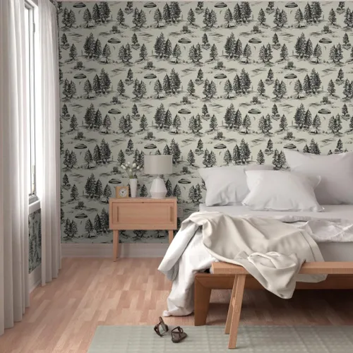 Vista 5 de Spoonflower Papel Tapiz Despegar y Pegar Muestra - OVNI Grande Negro Toile De Jouy Abducción Alienígena Espacio Acampada Papel Tapiz Removible