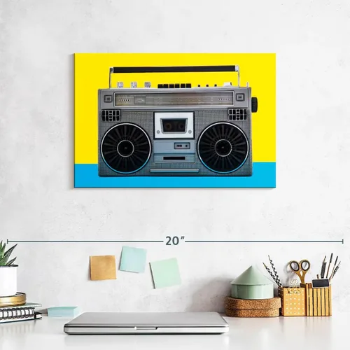 Vista 7 de ElephantStock - Retro Silver Boombox Wall Art - Horizontal Canvas Wall Art - Living Room Wall Decor - Photography Music Canvas Art - Yellow And