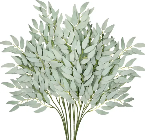 Vista 7 de DILATATA Tallos de Eucalipto Sintético Hojas de Eucalipto Sauce 14" Vegetación Sintética 16 Piezas Tallos de Vegetación Artificial para Arreglos