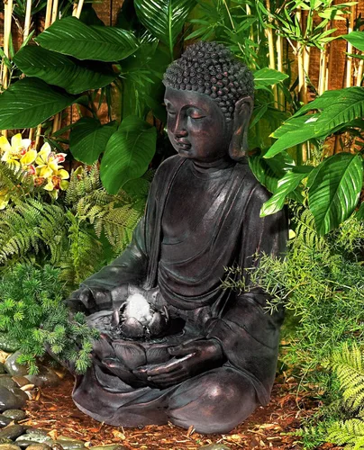 Vista 7 de Buda meditando de 24" de alto, fuente de piso de resina grande Zen Asiático para interiores y exteriores con luz LED, fuente de burbujas de agua