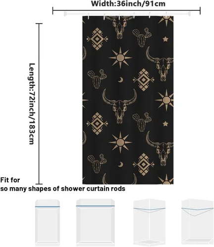 Vista 2 de Cortina de ducha de calavera de toro occidental estilo boho con cuernos de vaca, calavera de cactus bohemia en negro y dorado con ganchos, cortina