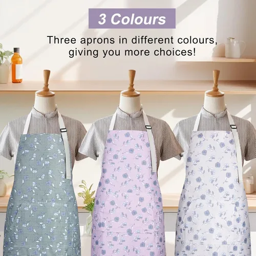 Vista 4 de Paquete de 3 delantales florales impermeables para mujer, correa ajustable con bolsillo, multiusos para cocina, arte, jardín