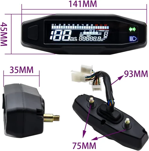 Vista 4 de KAOLALI Medidor de velocímetro digital para motocicleta RPM LCD tacómetro digital carburador medidor de odómetro (con sensor)