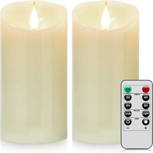 Vista 12 de Velas sin llama impermeables con control remoto 2PACK (D3''*H5.5'') Vela de pilar LED parpadeante que funciona con pilas, de plástico con Paquete