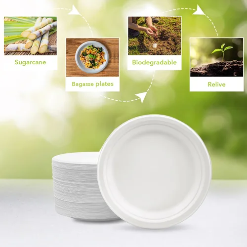 Vista 4 de three leaf Plato redondo de bagazo de 10 pulgadas, 25 unidades, platos de bagazo desechables, resistentes, súper fuertes, naturales y ecológicos