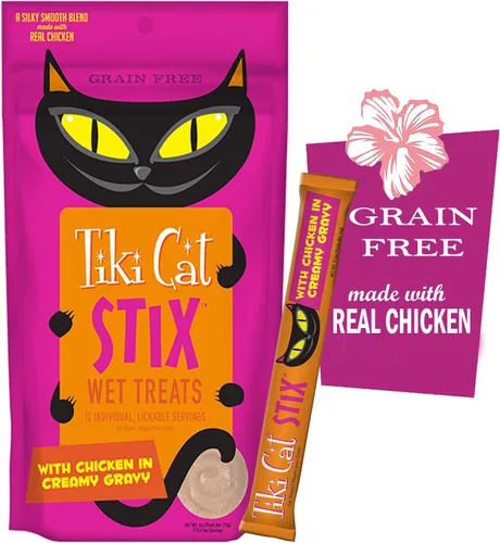 Vista 4 de Tiki Cat Stix - Golosinas húmedas sin granos, mezcla suave y sedosa en salsa cremosa, pollo, salmón y pato con toallitas para mascotas de 10