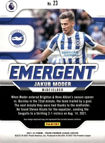 Vista 2 de 2021-22 PANINI PRIZM PREMIER LEAGUE EMERGENTE #23 JAKUB MODER BRIGHTON & HOVE ALBION SOCCER TARJETA OFICIAL DE FÚTBOL