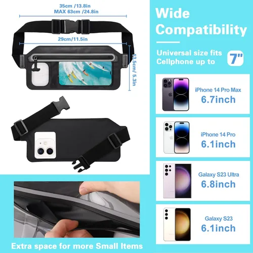 Vista 3 de SJEhome Funda impermeable IPX8 para teléfono con correa ajustable para la cintura, compatible con iPhone de la serie completa Galaxy de hasta 7 Negro