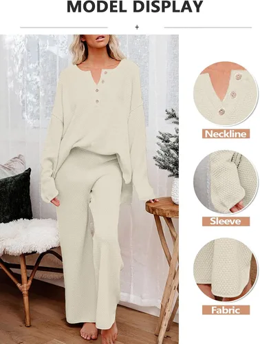 Vista 6 de Uusollecy Conjunto de suéter de 2 piezas para mujer, de manga larga, sin botones, de punto, pantalones de pierna ancha, ropa de descanso