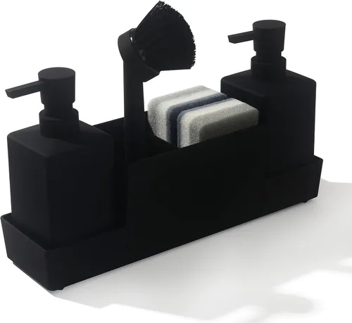 Vista 7 de Dispensador de jabón de cocina con soporte de esponja para fregadero, dispensador de jabón de manos y jabón para platos con cepillo beige mate