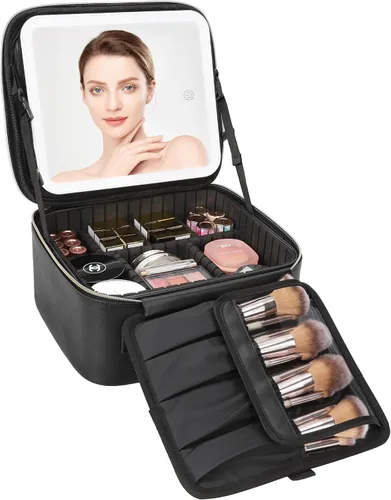 Vista 16 de Relavel Estuche de maquillaje con espejo LED, 01-Negro, Bolsa de maquillaje de viaje con espejo LED para niñas Compact Cosmetic Makeup Organizer