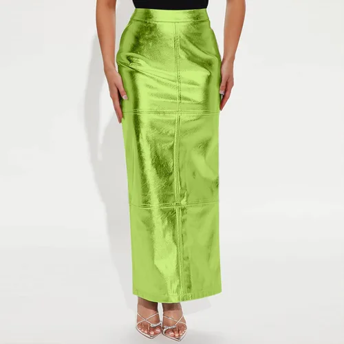 Vista 2 de Daygeve Falda larga de piel sintética para mujer, cintura alta, metálica, brillante, entallado, a la cadera, maxifaldas, falda tubo sexy, ropa