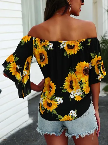Vista 6 de Hibluco - Jersey elástico para mujer con hombros descubiertos, manga acampanada, cuello alto