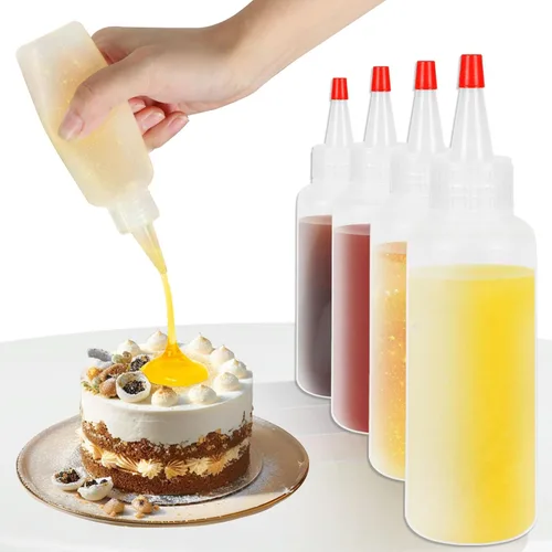 Vista 5 de Ninsula 5 botellas exprimibles, botellas de plástico de 4 onzas con tapa superior de giro rojo, botellas vacías para salsas, salsa de tomate
