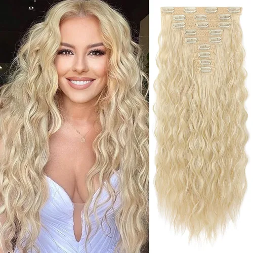 Vista 32 de REECHO Extensiones de cabello con clip, 5 piezas, de 24 pulgadas, de color rubio ceniza, extensiones de cabello con ondas largas y sueltas, HE002