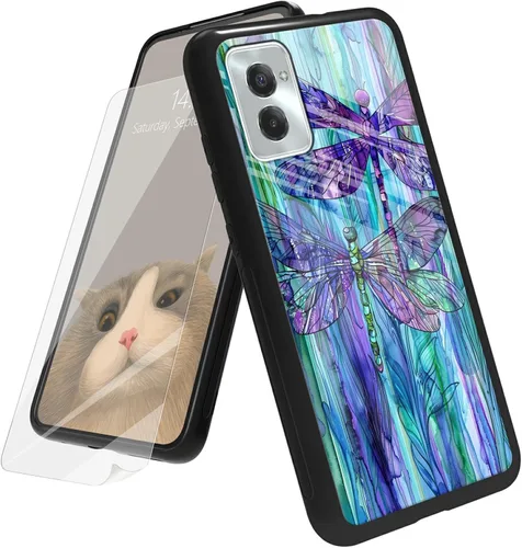 Vista 112 de Funda para Motorola Moto G Play 4G 2024 con protector de pantalla, parte trasera de vidrio templado + funda de silicona suave TPU absorción