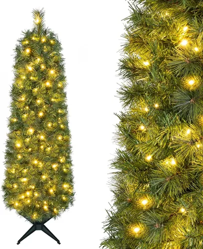 Vista 10 de GOFLAME Árbol de Navidad Artificial Preiluminado de 6 Pies, Árbol de Navidad Delgado con Cobertura de Nieve y Forma de Lápiz con Luces LED
