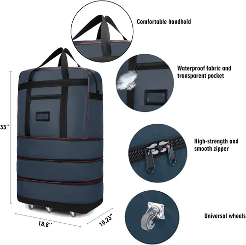 Vista 3 de ELDA Maleta plegable expandible con ruedas universales, bolsa de viaje rodante, bolsa de lona para hombres y mujeres, equipaje ligero de gran
