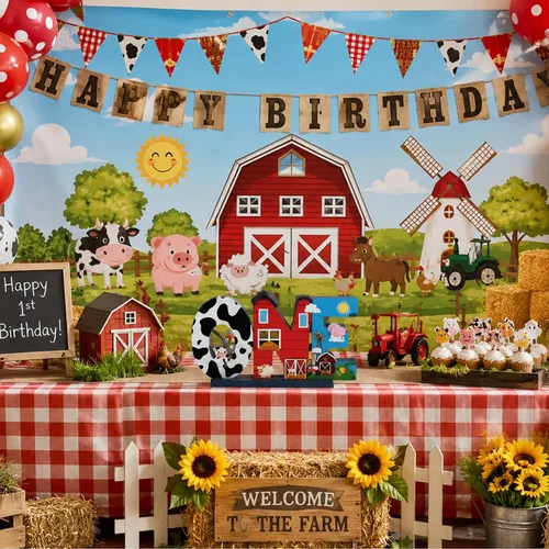 Vista 5 de Decoraciones de primer cumpleaños de animales de granja, centro de mesa de madera para niño o niña, decoración de fiesta de primer cumpleaños