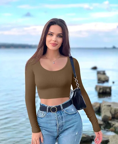 Vista 6 de OQQ Camiseta corta de 3 piezas para mujer, manga larga, cuello redondo, elástica, ajustada, para mujer