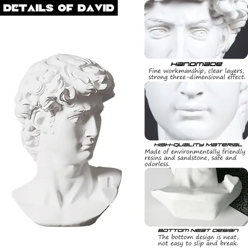 Vista 5 de fazhongfa Estatua griega de David Busto Escultura de resina para estantería romana, mesa, oficina, decoración del hogar, escultura romana, figura