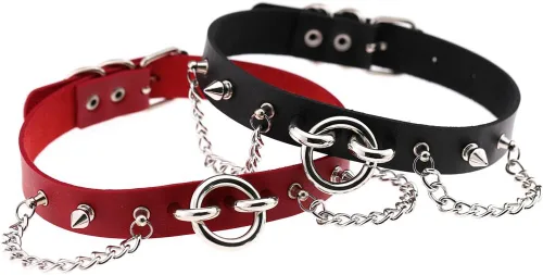 Vista 3 de Multicolor 0.75" Width PU Simulated Leather Rivets O Ring Chains Neckband Choker Necklace