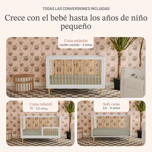 Vista 3 de Babyletto Lolly Cuna convertible 3 en 1 con kit de conversión de cama para niños pequeños en blanco y natural, certificado Greenguard Gold