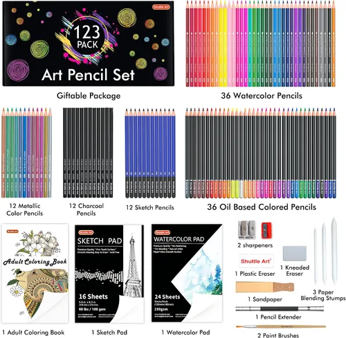 Vista 2 de Shuttle Art Kit de dibujo y bloc de bocetos, juego de 123 lápices de arte + 160 hojas de bloc de bocetos