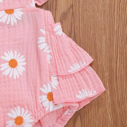 Vista 6 de Bebé Niñas Impresión Margarita Algodón Lino Volantes Sin Mangas Mameluco Mono Mono con Headaband Ropa Infantil Verano