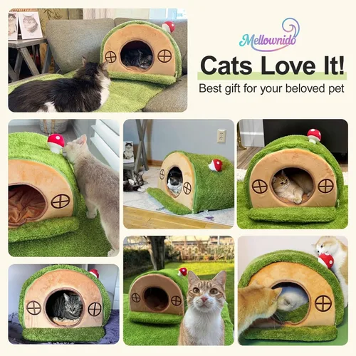 Vista 4 de Casa para gatos de interior – Bonita cueva de cama para gatos, con agujero de árbol, tienda de campaña para gatitos y mascotas pequeñas y medianas